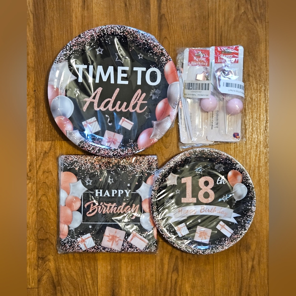 18th Birthday Time to Adult Birthday Party Supplies Set - Black and Pink